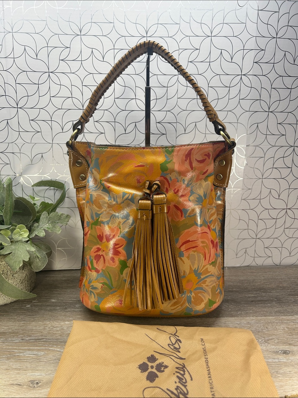 Patricia Nash Floral Leather Tassel Bucket Bag - Tan Handle